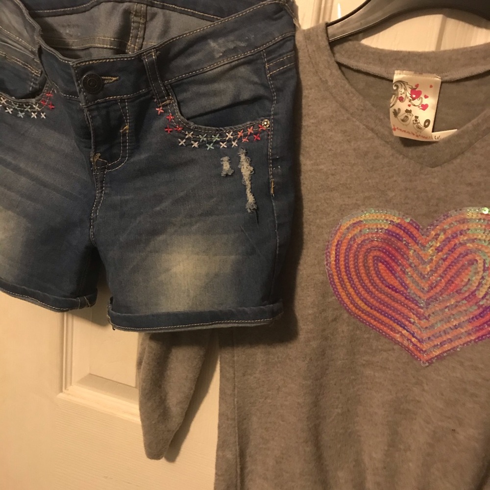 heart sequin Jean  shorts and  heart sequin shirt